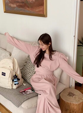 粉色休闲套装女2023秋冬新款韩版方领短款卫衣阔腿裤懒人两件套