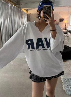 美式复古套头卫衣女2024秋冬新款休闲运动宽松V领字母球衣上衣