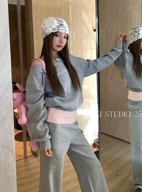 芭蕾少女风休闲套装女2025春秋新款假两件撞色挂脖露肩卫衣阔腿裤