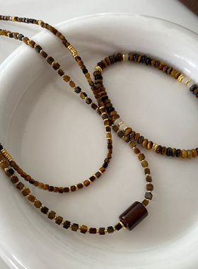 天然石方块串珠项链高级感美拉德毛衣链2024时尚复古中古风锁骨链