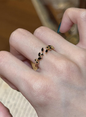 黑金麦穗戒指女小众设计轻奢高级感食指戒超闪微镶开口可调节指环
