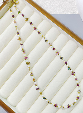 春夏新款潮天然碧玺小碎石合成水晶串珠项链精致百搭锁骨链颈链