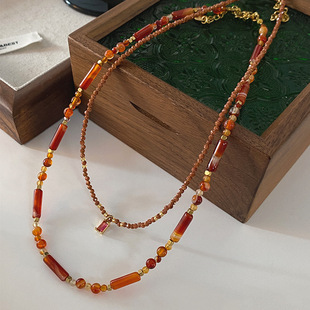 红玛瑙国风天然石项链女过年喜庆小众锁骨链结婚伴娘新中式毛衣链