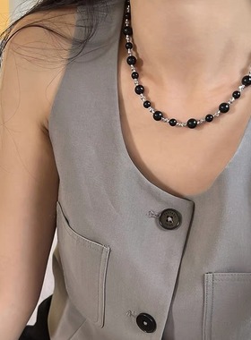 媛优 满天星切花珠黑玛瑙轻奢小众项链高级颈链毛衣链2023新款女