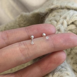 迷你3mm锆石耳钉女S925银养耳洞螺丝拧扣超闪冷淡风ins高级感耳环