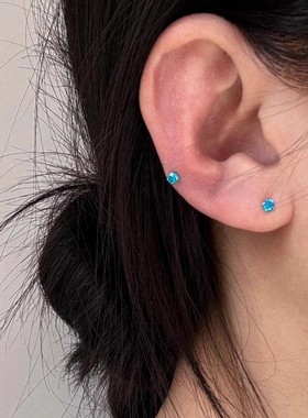 海蓝色锆石迷你耳钉女S925银针养耳洞睡觉不用摘耳饰简约精致耳环