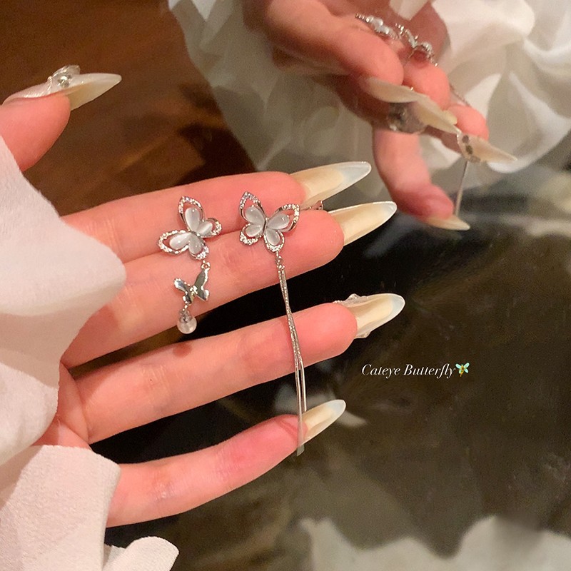 不对称蝴蝶珍珠耳环S925纯银耳钉蚊香盘耳夹女无耳洞轻奢小众耳饰