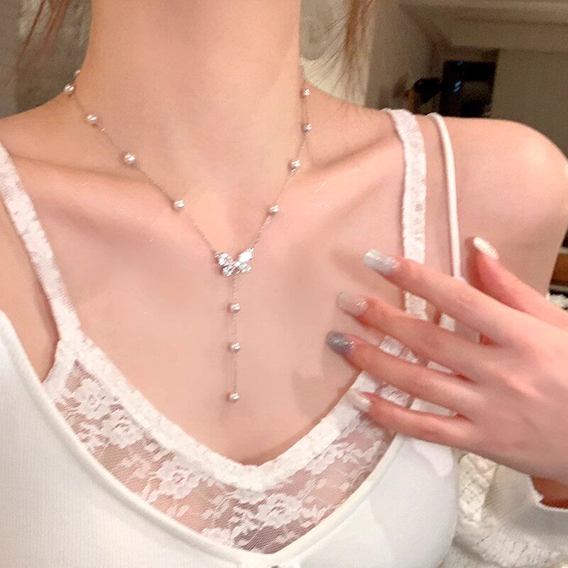 海边度假闪锆蝴蝶珍珠项链女配裙子轻奢小众高级感颈链配饰锁骨链