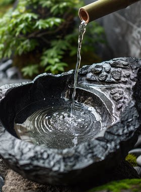 天然黑山石流水石钵庭院造景石盆流水摆件天然石钵水钵黑水钵石雕
