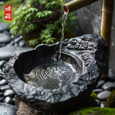 天然黑山石流水石钵庭院造景石盆流水摆件天然石钵水钵黑水钵石雕