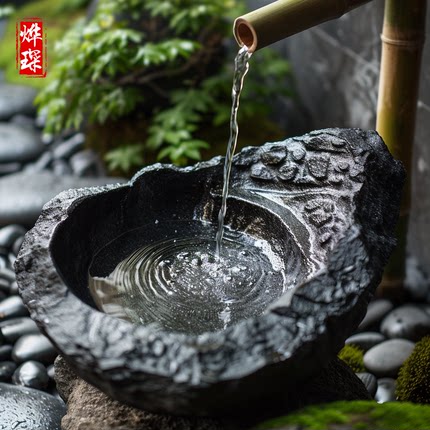 天然黑山石流水石钵庭院造景石盆流水摆件天然石钵水钵黑水钵石雕