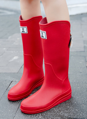 时尚红色雨靴高筒靴子雨天软底水靴防水耐穿防滑户外爬山女士