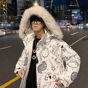 ！冬季大毛领中长款印花棉衣男潮牌加厚棉服保暖外套Y555P128图片