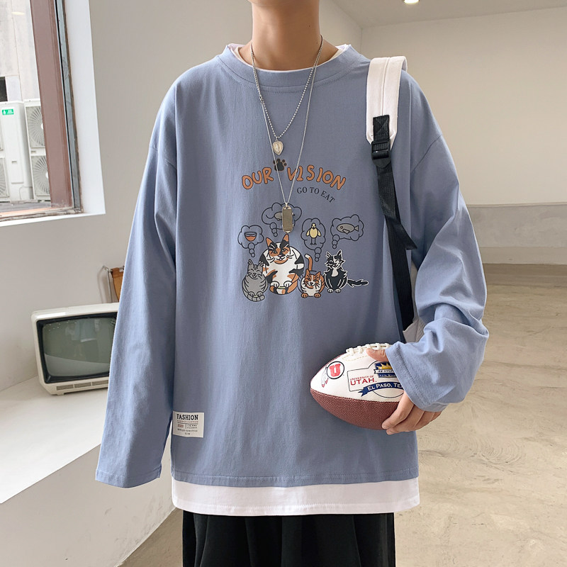 ！早秋百搭假两件长袖T恤男纯棉港风宽松潮牌男卫衣W902P35,男装T恤,电商B220