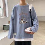 ！早秋百搭假两件长袖T恤男纯棉港风宽松潮牌男卫衣W902P35，男装T恤，电商B220