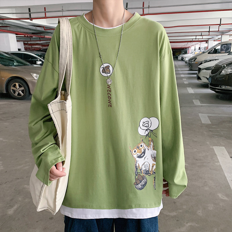 100%纯棉主推早秋百搭假两件长袖T恤港风宽松男卫衣W907P35,男装T恤,电商B220