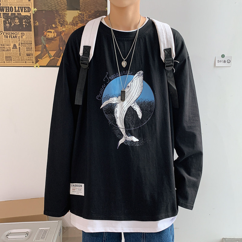 100%纯棉主推早秋百搭假两件长袖T恤男港风宽松体恤W903P35,男装T恤,电商B220