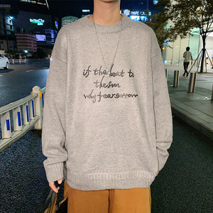 ！冬季加厚圆领印花毛衣男保暖港风百搭针织衫M202P45控68图片