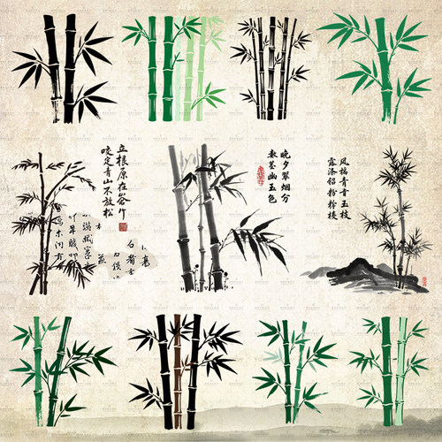 原创水墨山水竹子图案热转印贴