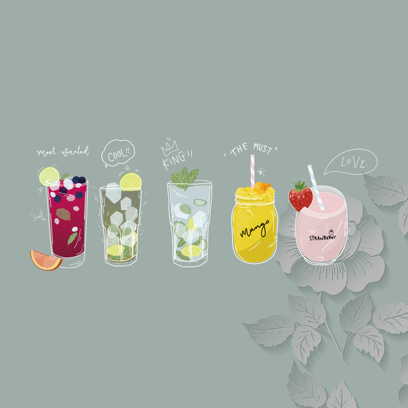 卡通手绘果汁水果英文字母夏日风情图案服装热转印烫画贴柯式烫画