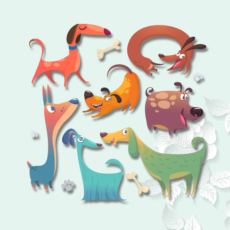 卡通可爱彩色小狗腊肠狗衣服上的图案贴热转印烫画大图图案印布贴