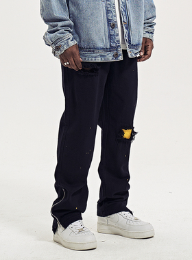 YORAINBOW 早春美式街头水洗黑色复古破洞牛仔裤男款泼墨直筒宽松