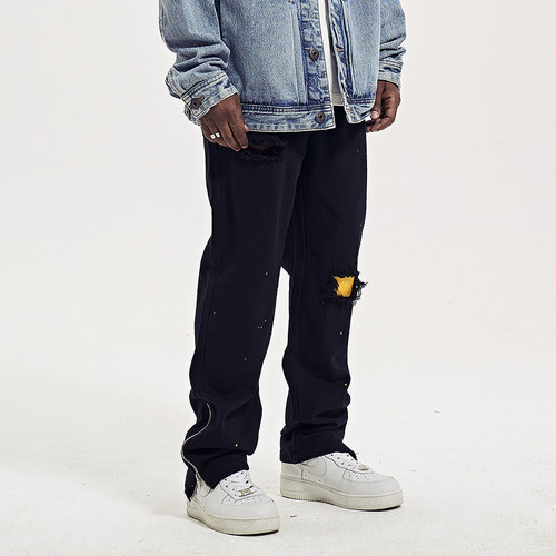 YORAINBOW牛仔长裤破洞四季泼漆