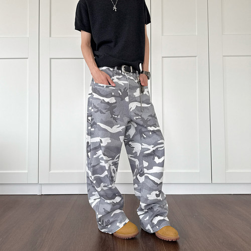 YORAINBOW 美式复古街头直筒浅色迷彩牛仔裤男复古宽松潮百搭阔腿