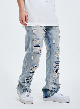 YORAINBOW 嘻哈美式水洗微喇破洞牛仔裤男无弹直筒不规则阔腿做旧