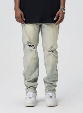 YORAINBOW 夏季新品黄泥色破洞微弹牛仔裤男修身小脚百搭美式街头