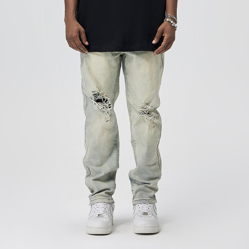 YORAINBOW破洞牛仔长裤黄泥色