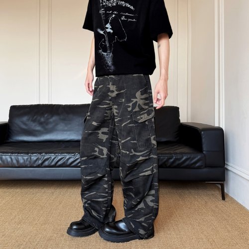 YORAINBOW 秋季美式复古迷彩工装口袋宽松休闲阔腿直筒酷飒牛仔裤