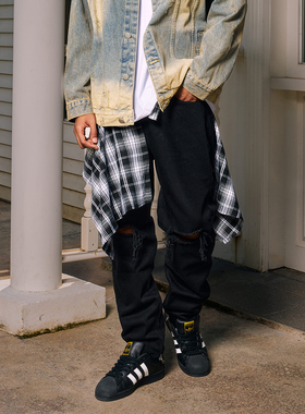 YORAINBOW 春夏嘻哈显瘦修身膝盖破洞牛仔裤男女宽松休闲潮流街头