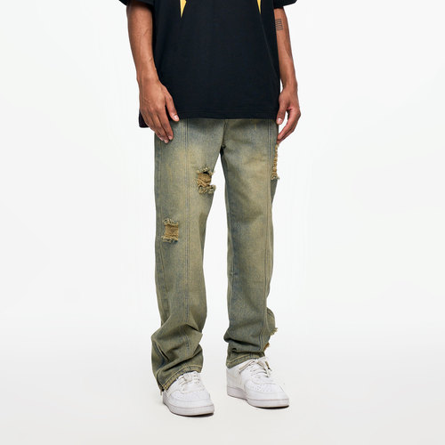 男士黄泥染低腰褪色效果牛仔裤