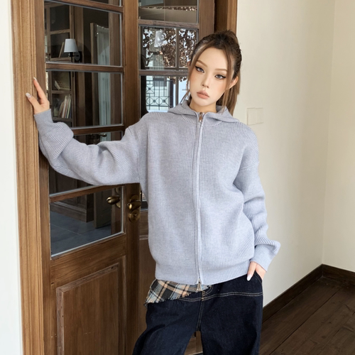 YORAINBOW 秋冬美式纯色针织开衫连帽外套潮牌拉链针织慵懒松弛感