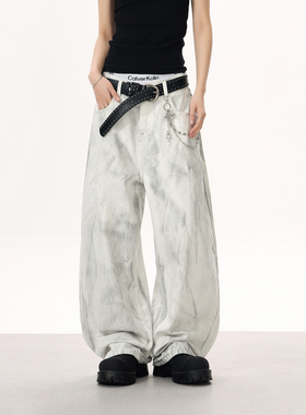 YORAINBOW脏染2021m白色牛仔裤男女复古vibe宽松水洗做旧阔腿牛仔