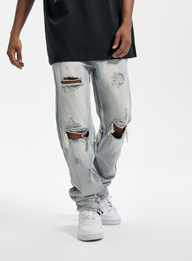 YORAINBOW 春夏水洗做旧复古牛仔裤浅蓝破洞男显瘦美式高街潮宽松