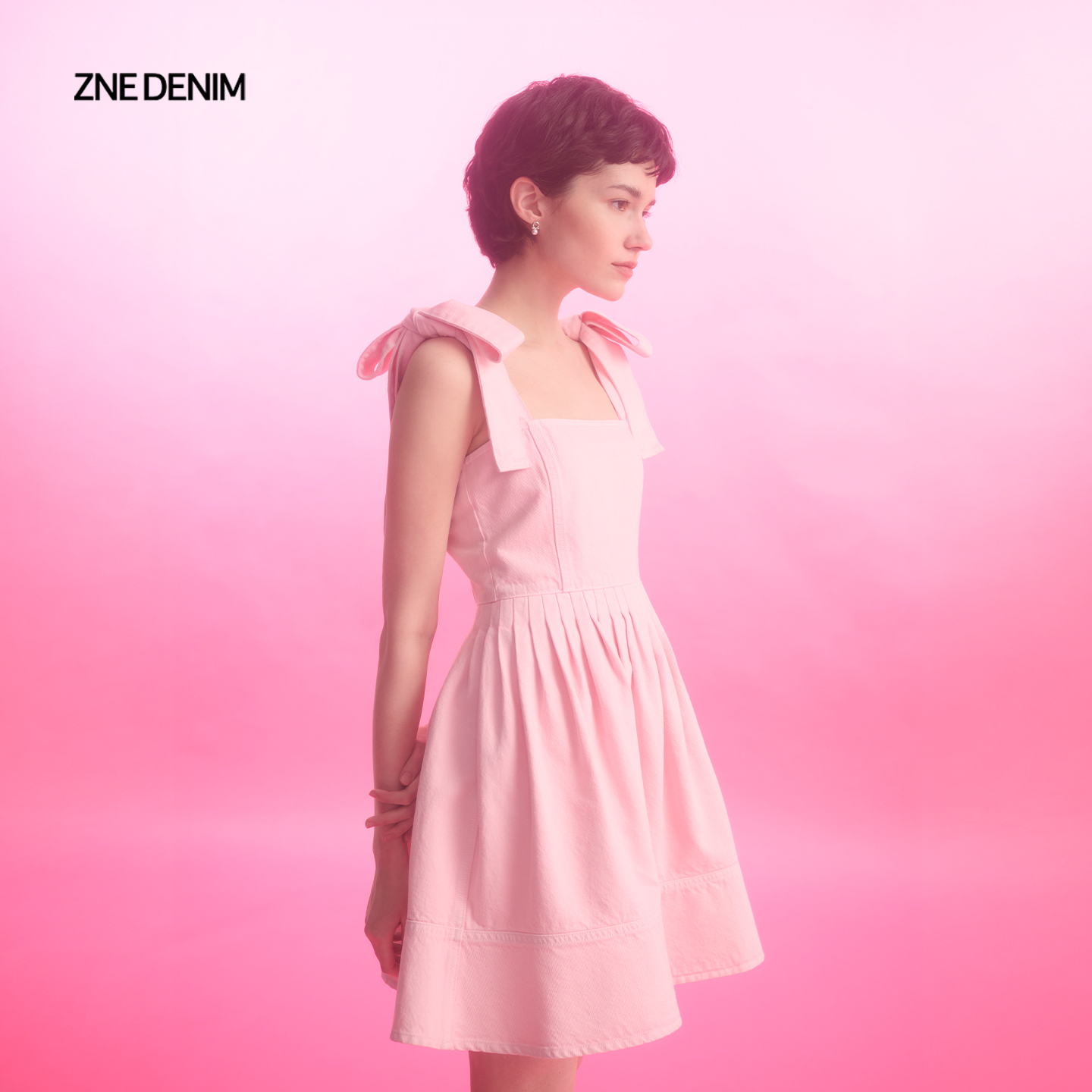 ZNE自由纯粹设计感蝴蝶结系带牛仔连衣裙1612-2