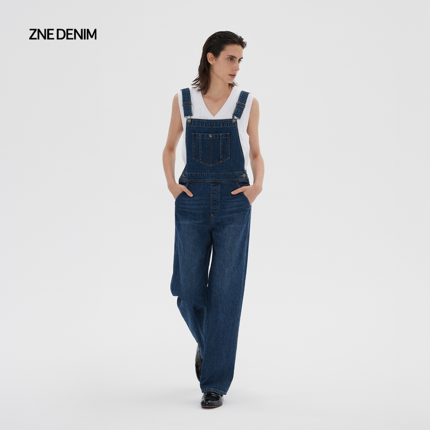 zne高腰直筒蓝色背带裤