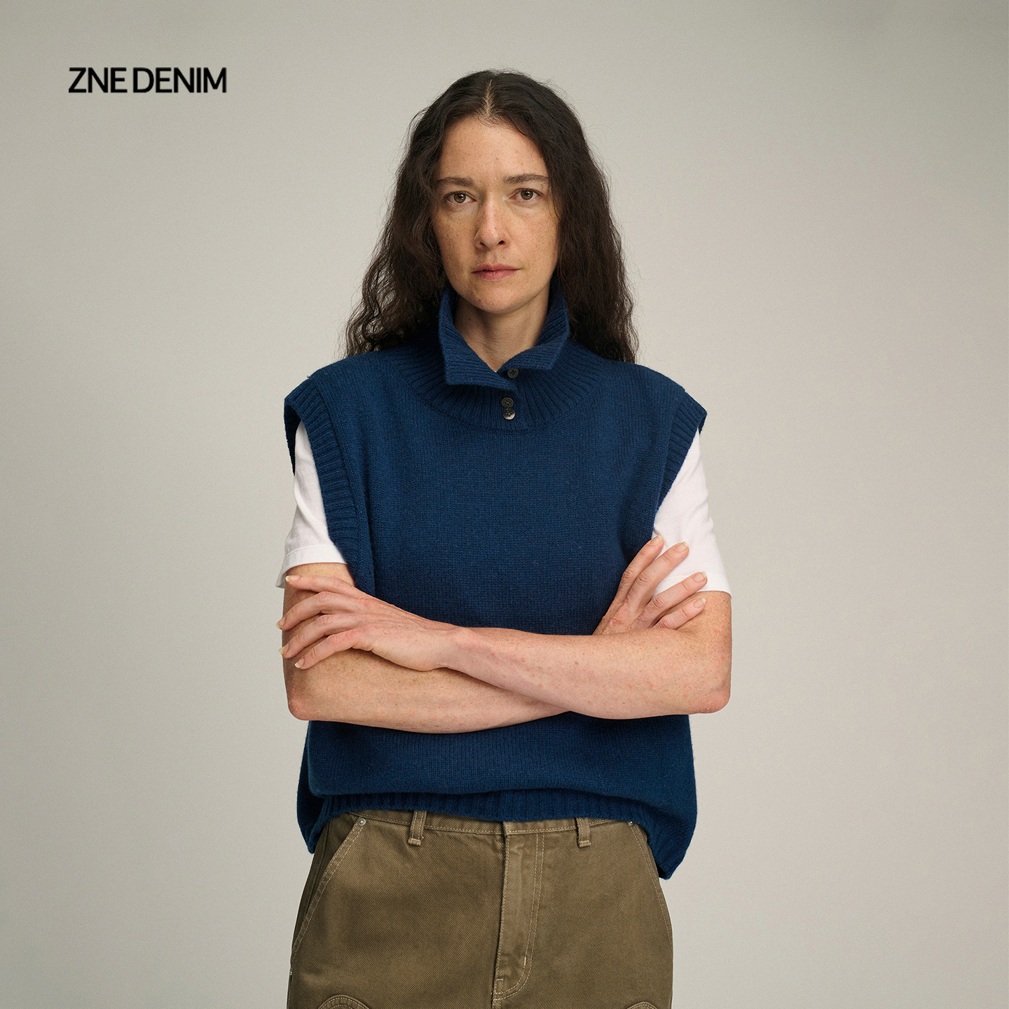 ZNE复古廓形牦牛绒羊毛法式立翻领无袖毛衣马甲MTZ801