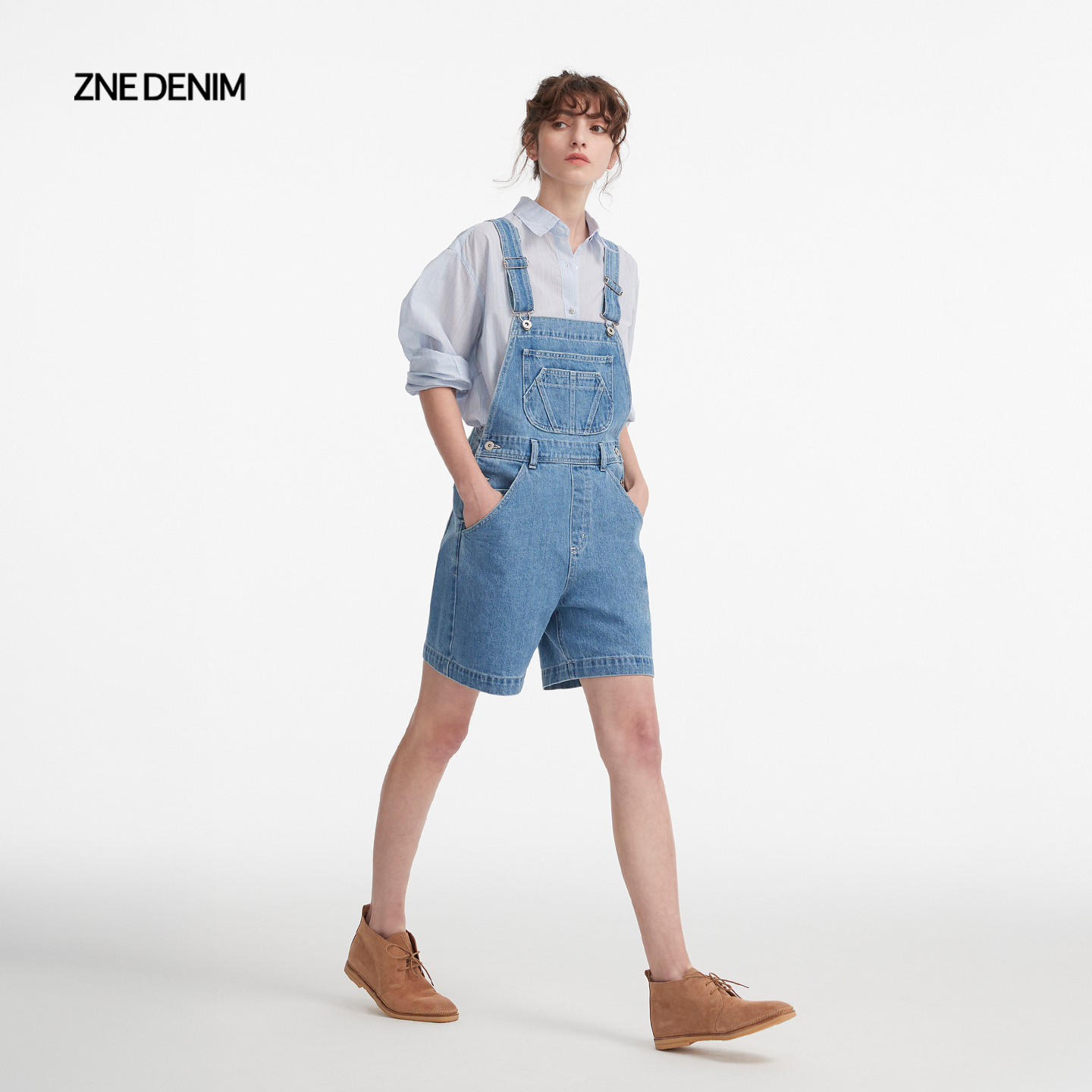 ZNE设计感背带牛仔短裤