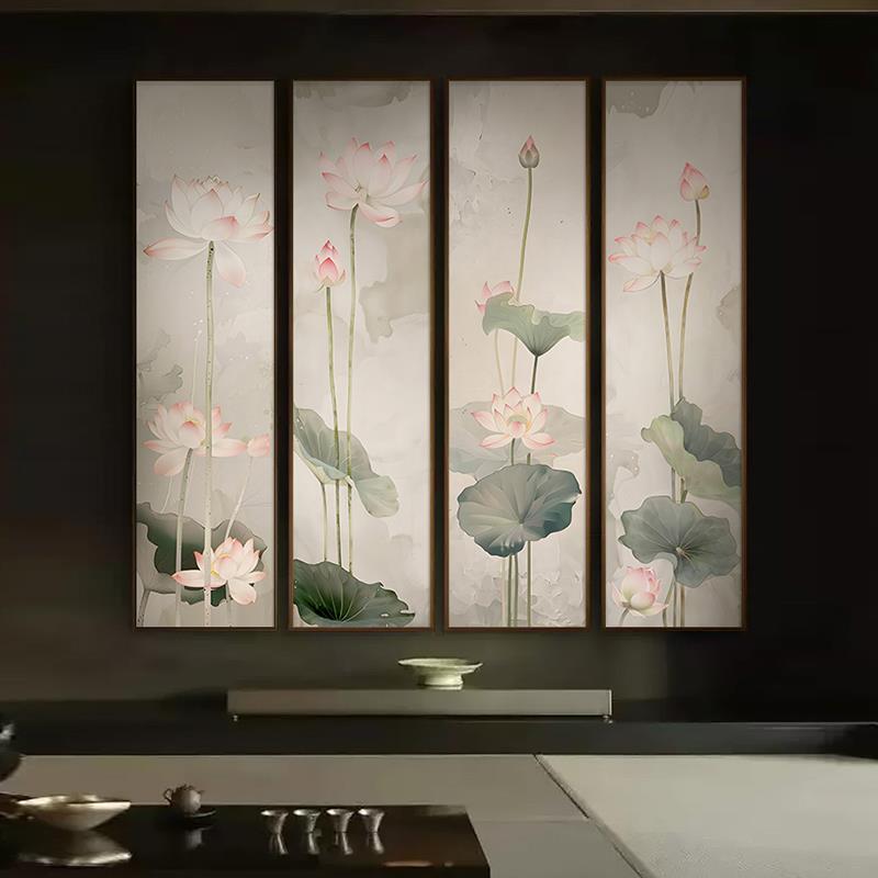 荷香满园客厅挂画新中式四条屏茶室装饰画高级荷花中堂画壁画定制
