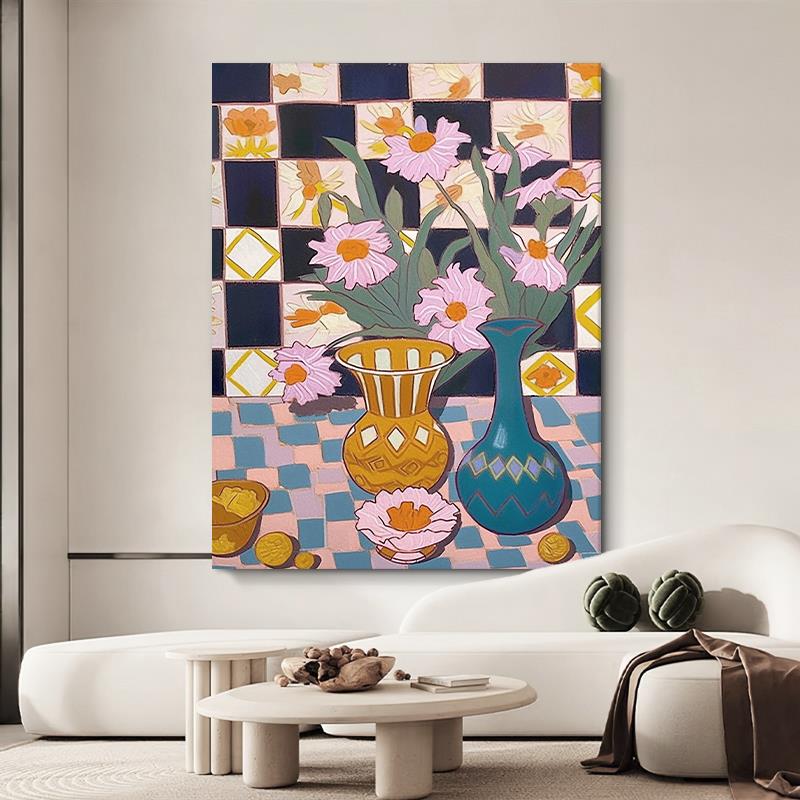 抽象彩色花卉手绘油画客厅玄关波普风植物装饰画中古小众艺术挂画图片