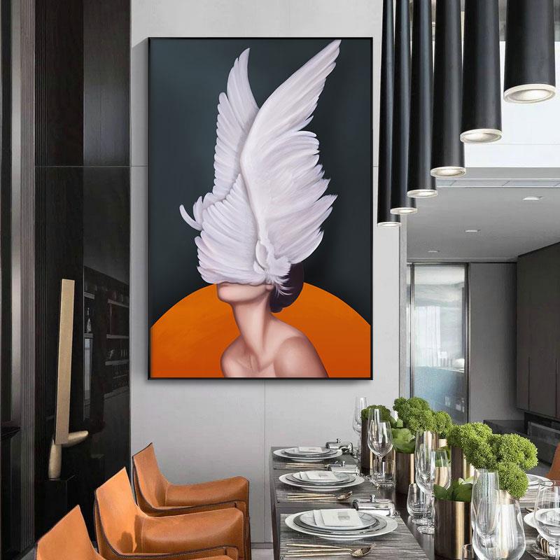 玄关装饰画羽毛少女创意人物挂画抽象高级感墙画客厅卧室餐厅挂画图片