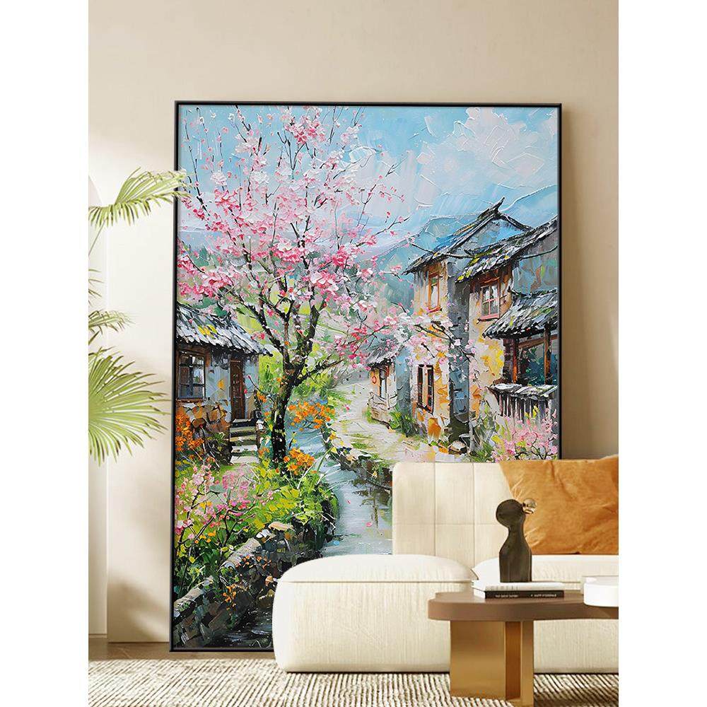 新中式肌理桃花手绘油画乡村田园风景玄关挂画春暖花开客厅装饰画,家居饰品,油画,淘宝优惠券,粉丝福利购,淘宝优惠卷