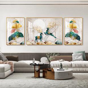 北欧客厅装饰画现代简约沙发背景墙挂画银杏叶壁画鹿晶瓷画三联画