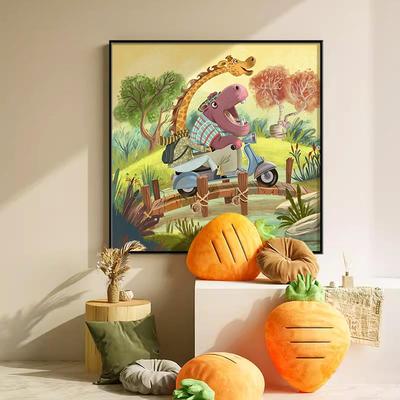 抽象长颈鹿玄关装饰壁画卡通河马儿童房挂画小桥流水客厅手绘油画