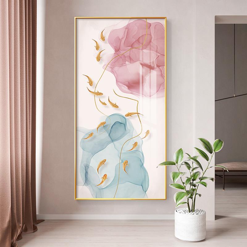 正对门口的玄关画鱼现代简约抽象壁画走廊过道装饰画竖版晶瓷挂画