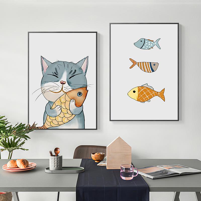 猫咪和鱼 北欧清新餐厅装饰画现代简约创意趣味厨房饭厅墙面挂画图片