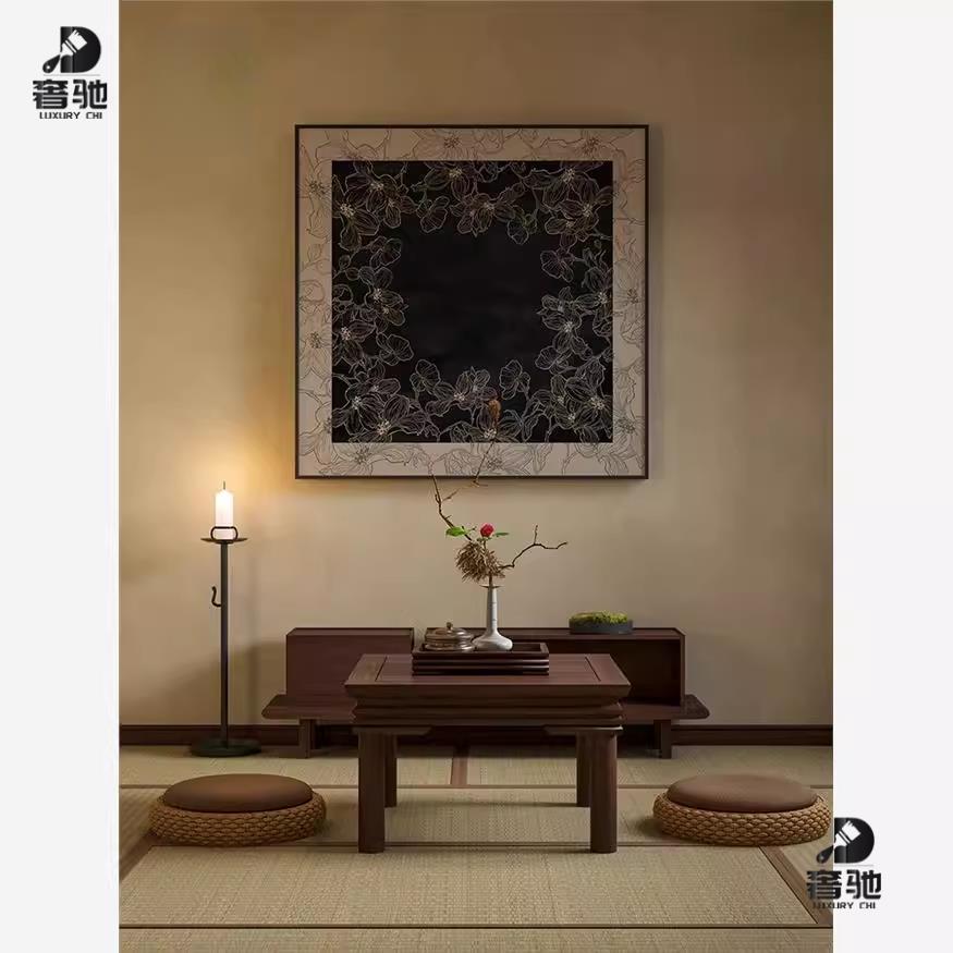 新中式复古风茶室高级感植物玄关客厅装饰画样板房壁画方形挂画图片